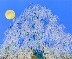 a painting of a tree with white flowers and the moon in the sky above it