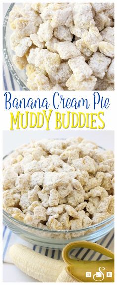 banana cream pie muddy buddies in a glass bowl with the words bananas on top and bottom