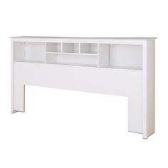 a white desk with shelves on the top and bottom shelf above it, against a white background