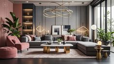 a living room filled with lots of furniture and plants on top of a hard wood floor