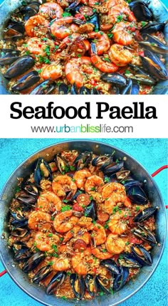 seafood paella with shrimp and mussels is shown in two different pictures, one has