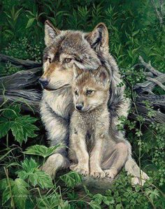 a painting of two wolfs sitting on top of each other in front of trees