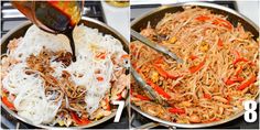 two pictures showing how to make stir fried noodles