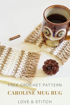 a coffee cup with an owl face on it next to some crocheted coasters