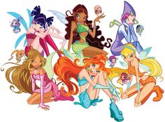 several cartoon characters with different hair colors and body shapes, all dressed up as fairy princesses