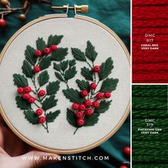 the embroidery pattern shows holly leaves and red berries