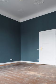 an empty room with blue walls and wood floors