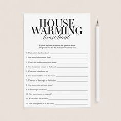 a house warming checklist with a pencil next to it on a white surface,