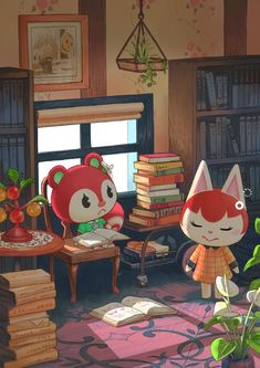 two little red pandas are standing in front of a bookshelf filled with books