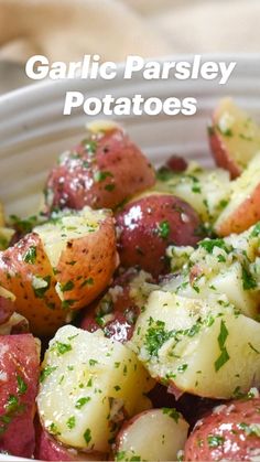 garlic parsley potatoes in a white bowl