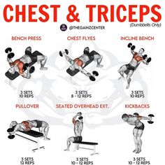 the chest and triceps workout plan is shown in red, white and black