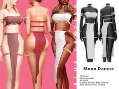 three different types of women's bodysuits with the names moon dancer on them