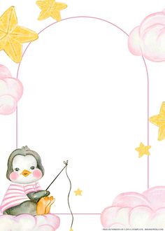 a watercolor painting of a penguin with a fishing rod and stars in the sky