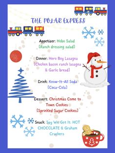 the polar express menu with snowman, train and christmas tree