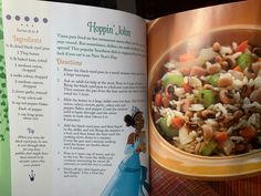 an open children's book with pictures of vegetables and rice in the title page