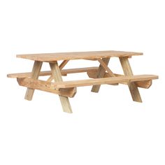 a wooden picnic table with two benches on each side and one bench at the end