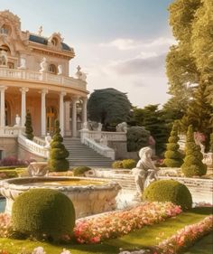 an elaborately designed house with flowers and bushes