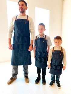 dad and boys wearing matching denim egg-gathering aprons Egg Aprons, Denim Apron, Sewing Aprons, Art Activities For Kids, Kids Apron, Bruce Springsteen, The Farm, Asian Men, Dark Denim