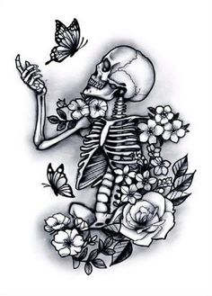 a drawing of a skeleton with flowers and butterflies on it's shoulder, holding a butterfly