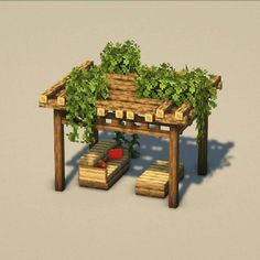 a small wooden structure with plants growing on it's sides and benches underneath the pergolated roof