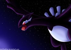 an animated black and white pokemon flying through the night sky