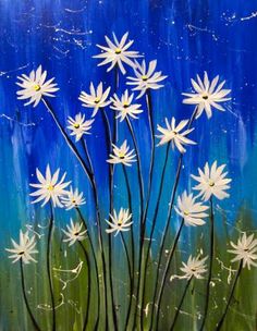 a painting of white daisies on a blue background