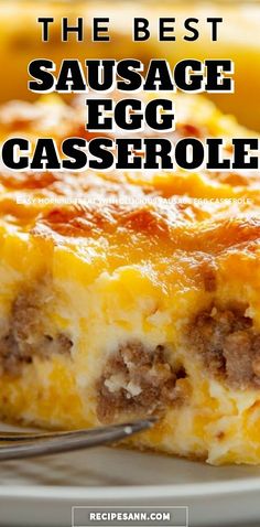 the best sausage egg casserole on a white plate with a fork in it