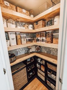 an organized pantry with baskets and food items