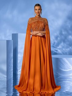 Orange Dresses Formal, Orange Gown, Hijab Dress Party, Glamorous Evening Dresses, Formal Ball Gown, Soiree Dress, Split Sleeve, Women Formals, Spring Summer Dress