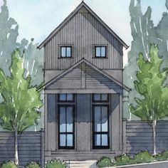 this is an artist's rendering of the front of a house with trees and bushes