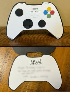 two pictures of a video game controller with happy birthday written on the front and back