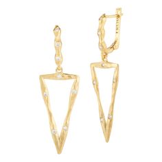 14 Karat Yellow Gold Hand-Crafted Satin and Hammer-Finished Open Triangle Dangling Earrings, Accented with 0.30 Carats of Burnish Set Diamonds. Triangle Earrings, Gold Hands, Gold Bracelet, Dangle Earrings, Gold Necklace, Jewelry Earrings, Yellow Gold, Satin, Drop Earrings