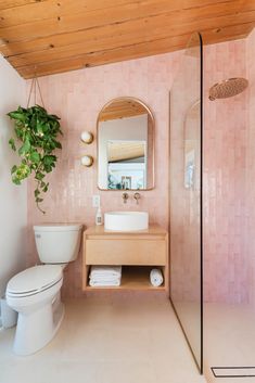 a bathroom with pink tiled walls and white fixtures, including a plant in the corner