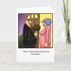 a card with an image of a man handing flowers to a woman