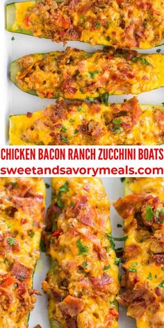 chicken bacon ranch zucchini boats with sweet and savory meats on them