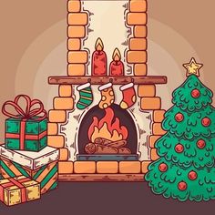 a fireplace with presents and a christmas tree