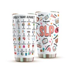 two tumblers with the words slp on them, and different types of items