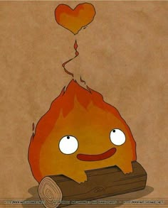 a cartoon fire with a heart shaped balloon floating above it