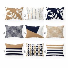 pillows with different patterns and colors on them