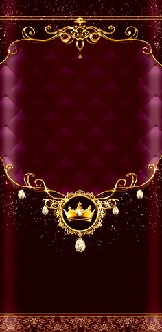 a purple and gold background with a crown on the corner, surrounded by pearls and diamonds