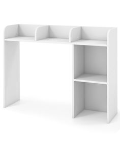 a white desk with two shelves on each side