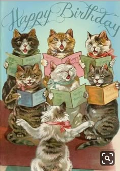 a birthday card with kittens and boxes on the ground, one is holding a box