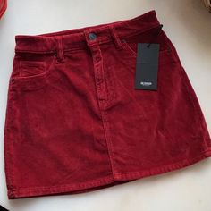 Hudson Deep Red Velvet Mini Skirt Front Zip And Button Closure Five Pocket Stretch Material Nwt Size 24 Hudson Jeans The Viper Velvet Mini Skirt In Port Red Mini Skirt With Button Closure, Red Outfits Casual, Red Velvet Mini Skirt, Red Velvet Clothes, Red Mini Skirt Outfit, Red Velvet Skirt, Red Denim Skirt, Deep Red Velvet, Red Clothes