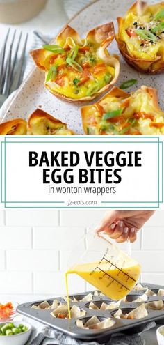 baked veggie egg bites in wonton wrappers on a baking sheet with text overlay