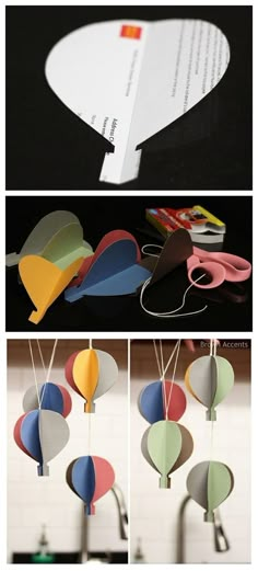 several pictures of different shapes and sizes of paper hearts hanging from clothes pins, with scissors in the foreground