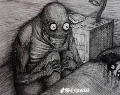 a black and white drawing of a creepy looking person sitting on a bed next to a box