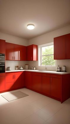 an empty kitchen with red cabinets and white flooring is pictured in this 3d image