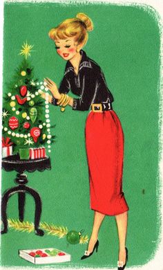 a woman decorating a christmas tree on a green background