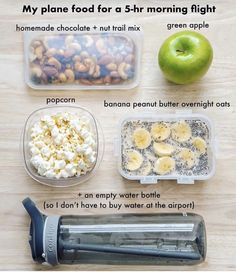 the ingredients to make an apple pie are displayed on a wooden table with apples, bananas and other foods