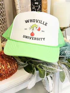 Whoville University Grinch Christmas Trees Holiday Patch Foam Trucker Hat Winter Fall College Hats Custom Hats Hat Trip - Etsy Grinch Hats, Grinch Christmas Trees, Whoville University, College Hats, Grinch Christmas Tree, Custom Trucker Hats, Hat Day, Hat Patches, Grinch Christmas